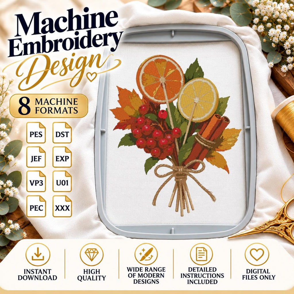 Autumn Citrus Bouquet Machine Embroidery Design, Orange Lemon Slices Cinnamon Sticks, Fall Leaves PES DST JEF Instant Download - NuttyHappyHobby