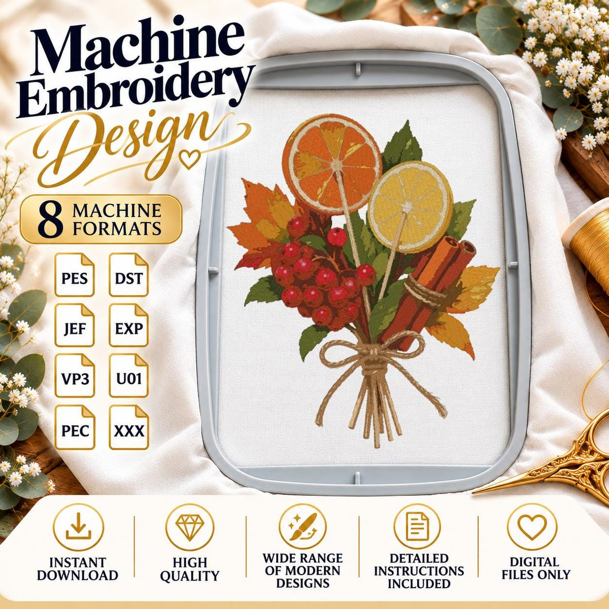 Autumn Citrus Bouquet Machine Embroidery Design, Orange Lemon Slices Cinnamon Sticks, Fall Leaves PES DST JEF Instant Download - NuttyHappyHobby
