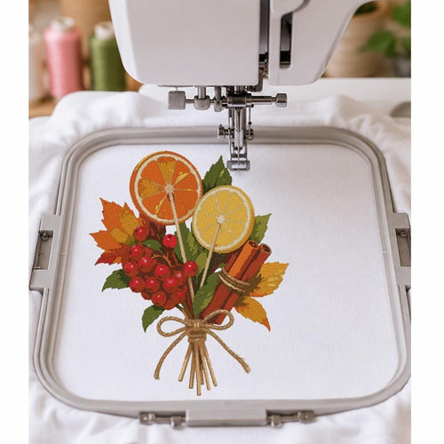 Autumn Citrus Bouquet Machine Embroidery Design, Orange Lemon Slices Cinnamon Sticks, Fall Leaves PES DST JEF Instant Download - NuttyHappyHobby
