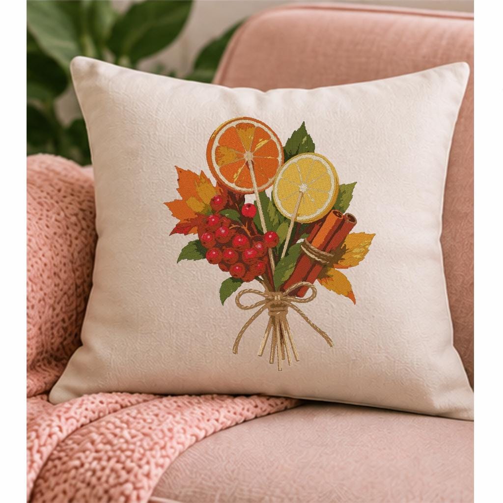 Autumn Citrus Bouquet Machine Embroidery Design, Orange Lemon Slices Cinnamon Sticks, Fall Leaves PES DST JEF Instant Download - NuttyHappyHobby