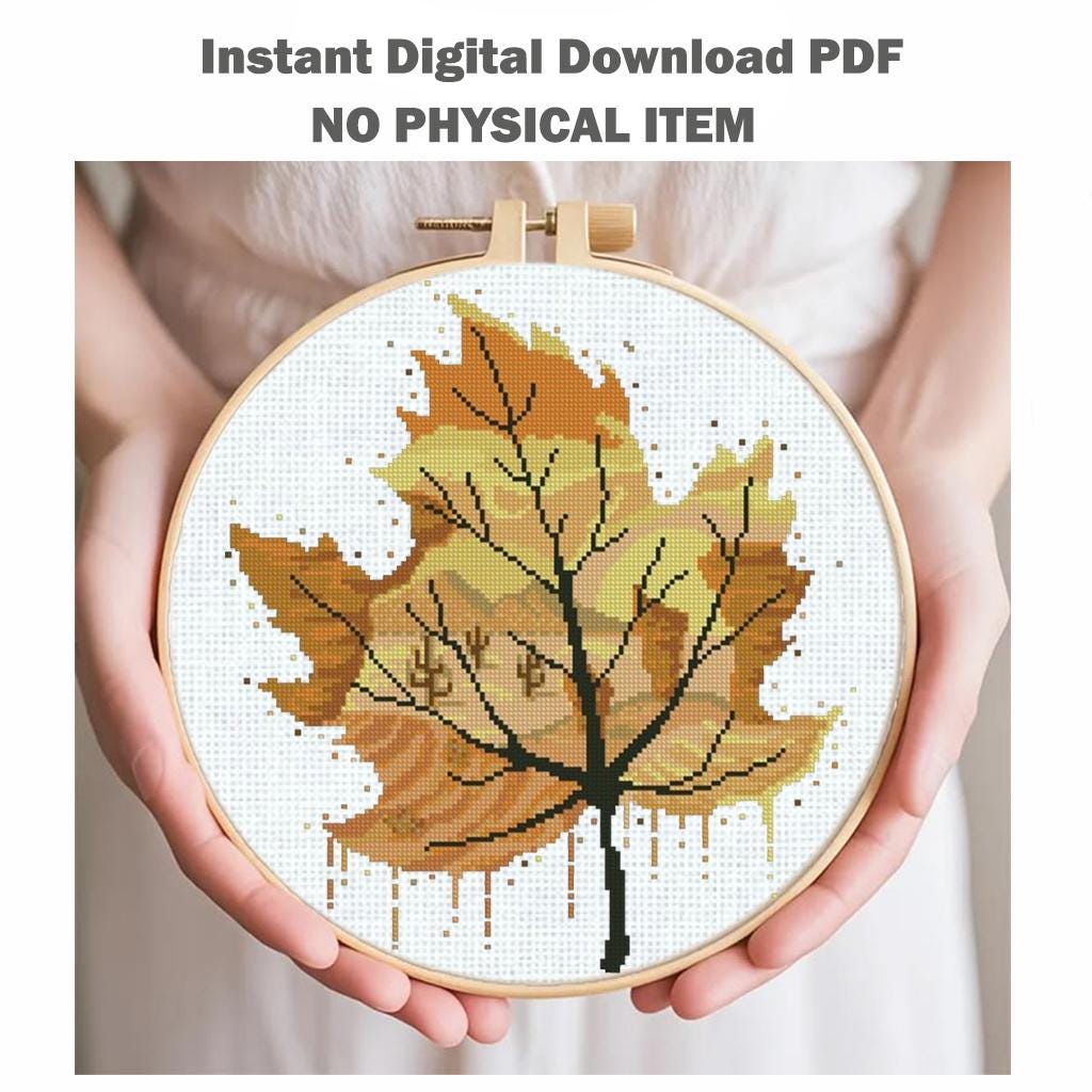 Autumn Leaf Cross Stitch Pattern PDF, Fall Landscape Tree Embroidery Design, Orange Leaf Nature Cross Stitch, Modern Silhouette Art Download - NuttyHappyHobby