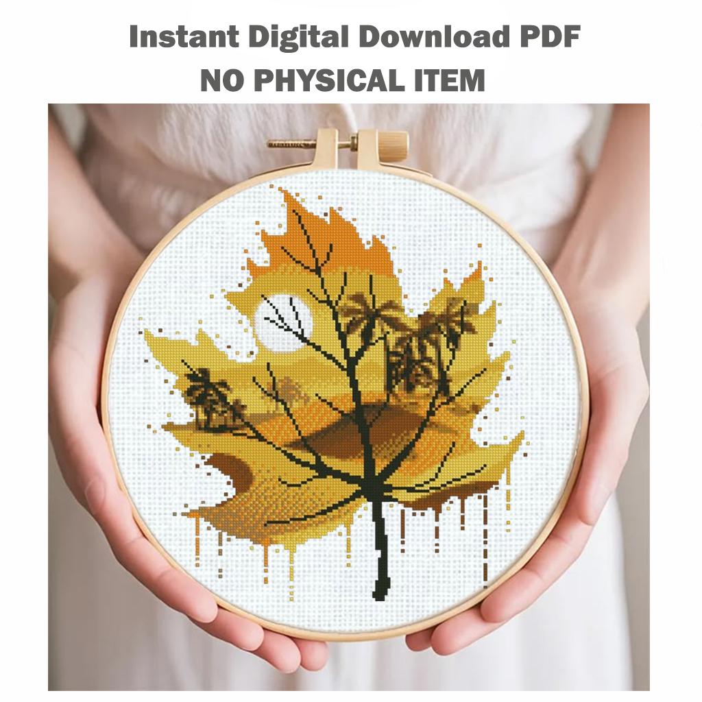 Autumn Leaf Cross Stitch Pattern PDF, Fall Landscape Tree Embroidery Design, Watercolor Leaf Nature Cross Stitch, Modern Silhouette Art - NuttyHappyHobby