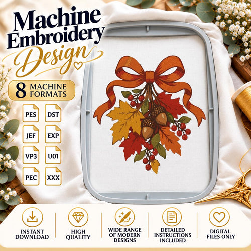 Autumn Leaves Bow Machine Embroidery Design, Fall Acorns Red Berries, Thanksgiving PES DST JEF Embroidery File, Instant Download - NuttyHappyHobby