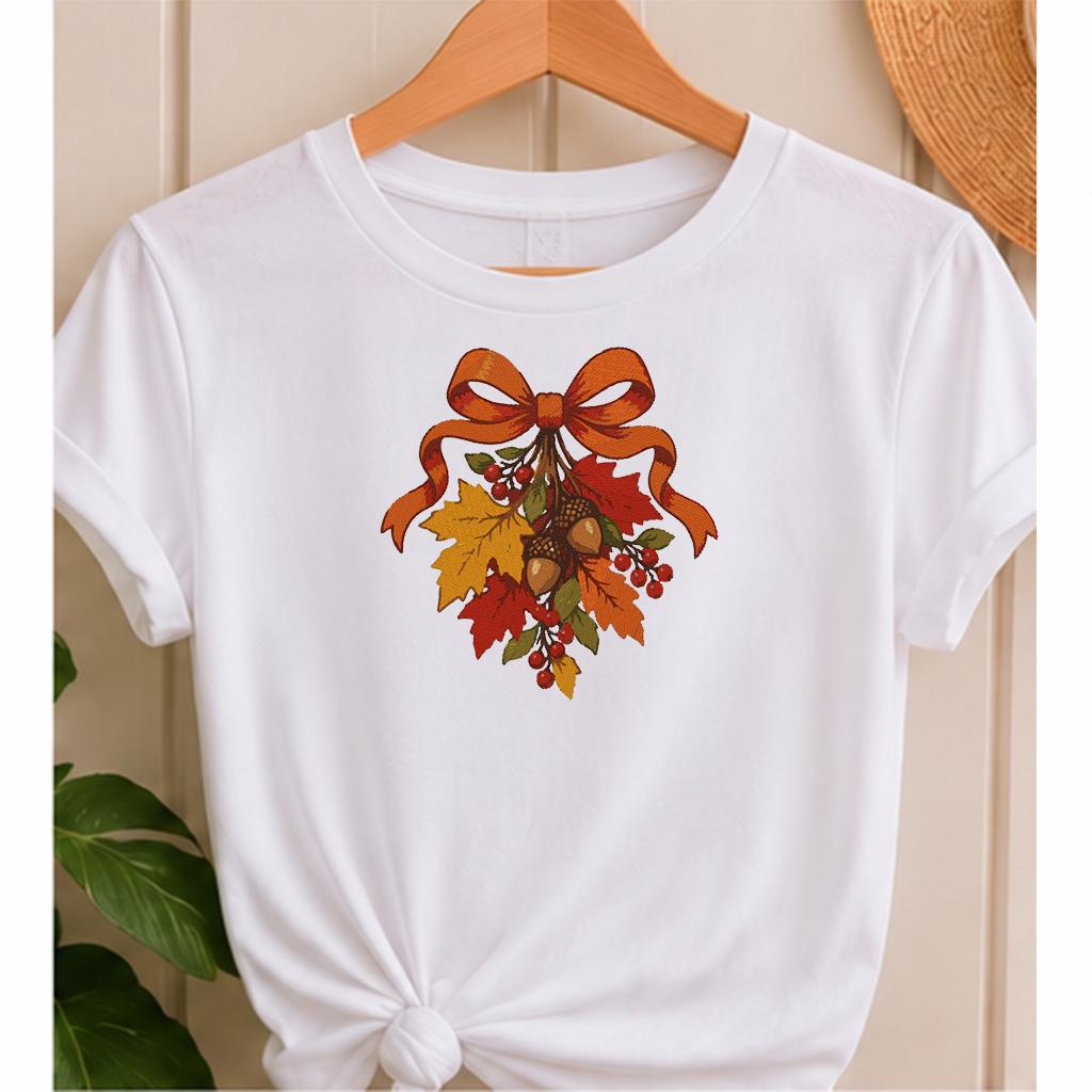 Autumn Leaves Bow Machine Embroidery Design, Fall Acorns Red Berries, Thanksgiving PES DST JEF Embroidery File, Instant Download - NuttyHappyHobby