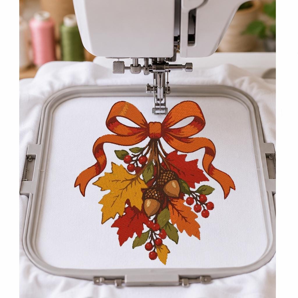 Autumn Leaves Bow Machine Embroidery Design, Fall Acorns Red Berries, Thanksgiving PES DST JEF Embroidery File, Instant Download - NuttyHappyHobby