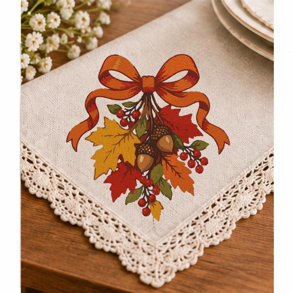 Autumn Leaves Bow Machine Embroidery Design, Fall Acorns Red Berries, Thanksgiving PES DST JEF Embroidery File, Instant Download - NuttyHappyHobby