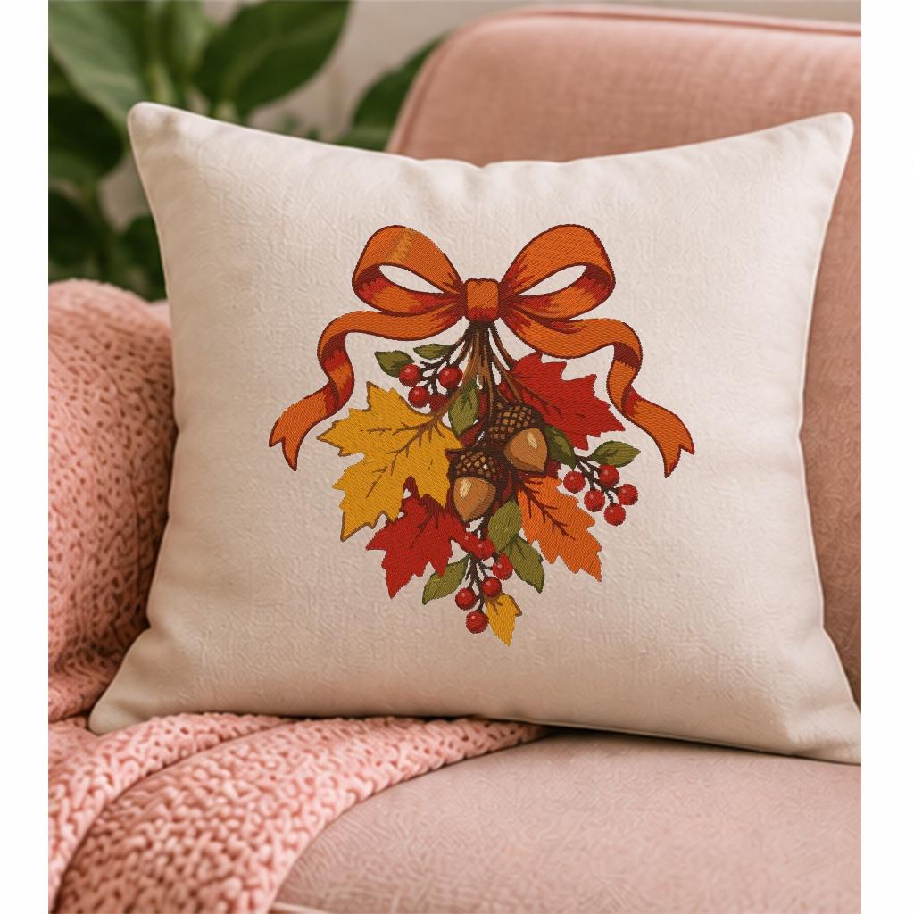 Autumn Leaves Bow Machine Embroidery Design, Fall Acorns Red Berries, Thanksgiving PES DST JEF Embroidery File, Instant Download - NuttyHappyHobby