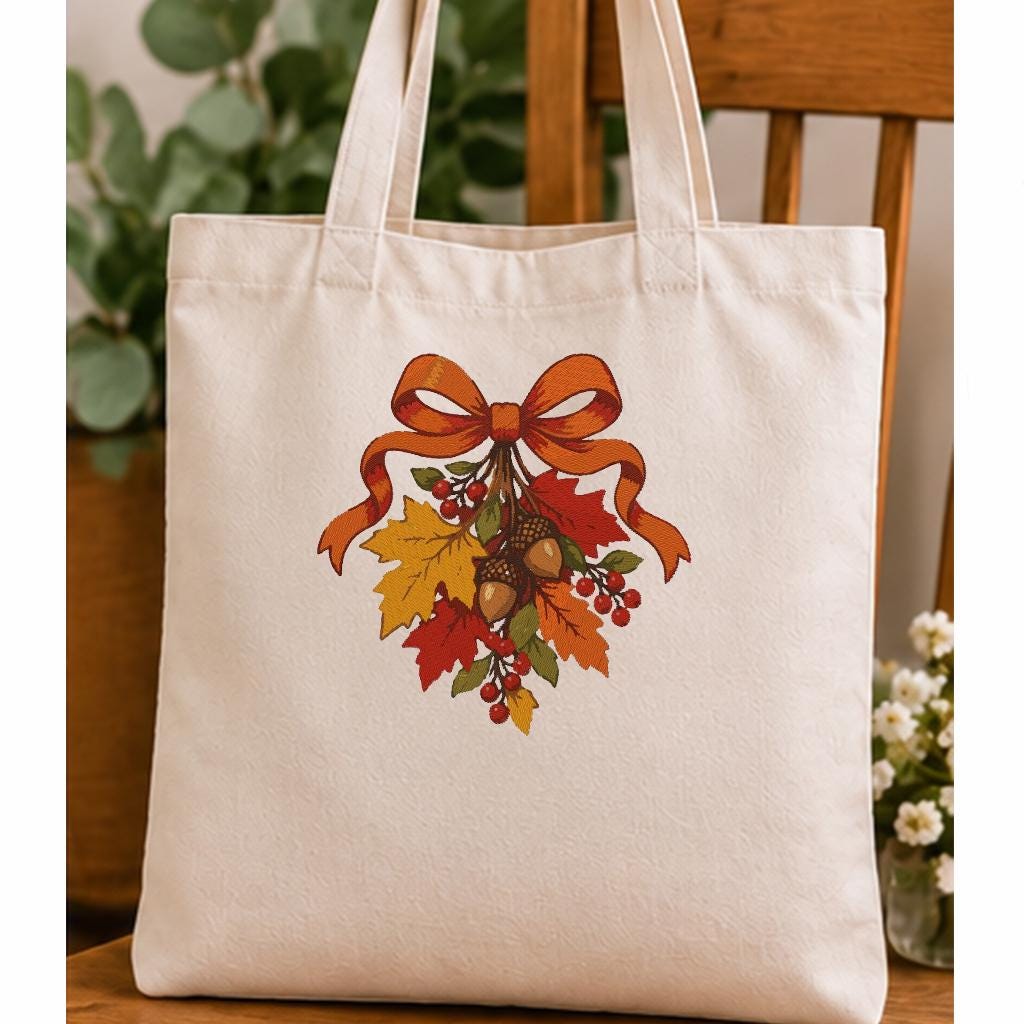 Autumn Leaves Bow Machine Embroidery Design, Fall Acorns Red Berries, Thanksgiving PES DST JEF Embroidery File, Instant Download - NuttyHappyHobby