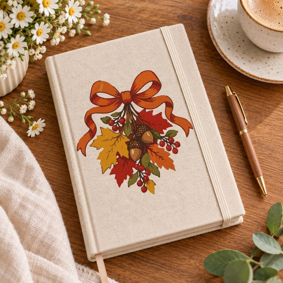 Autumn Leaves Bow Machine Embroidery Design, Fall Acorns Red Berries, Thanksgiving PES DST JEF Embroidery File, Instant Download - NuttyHappyHobby