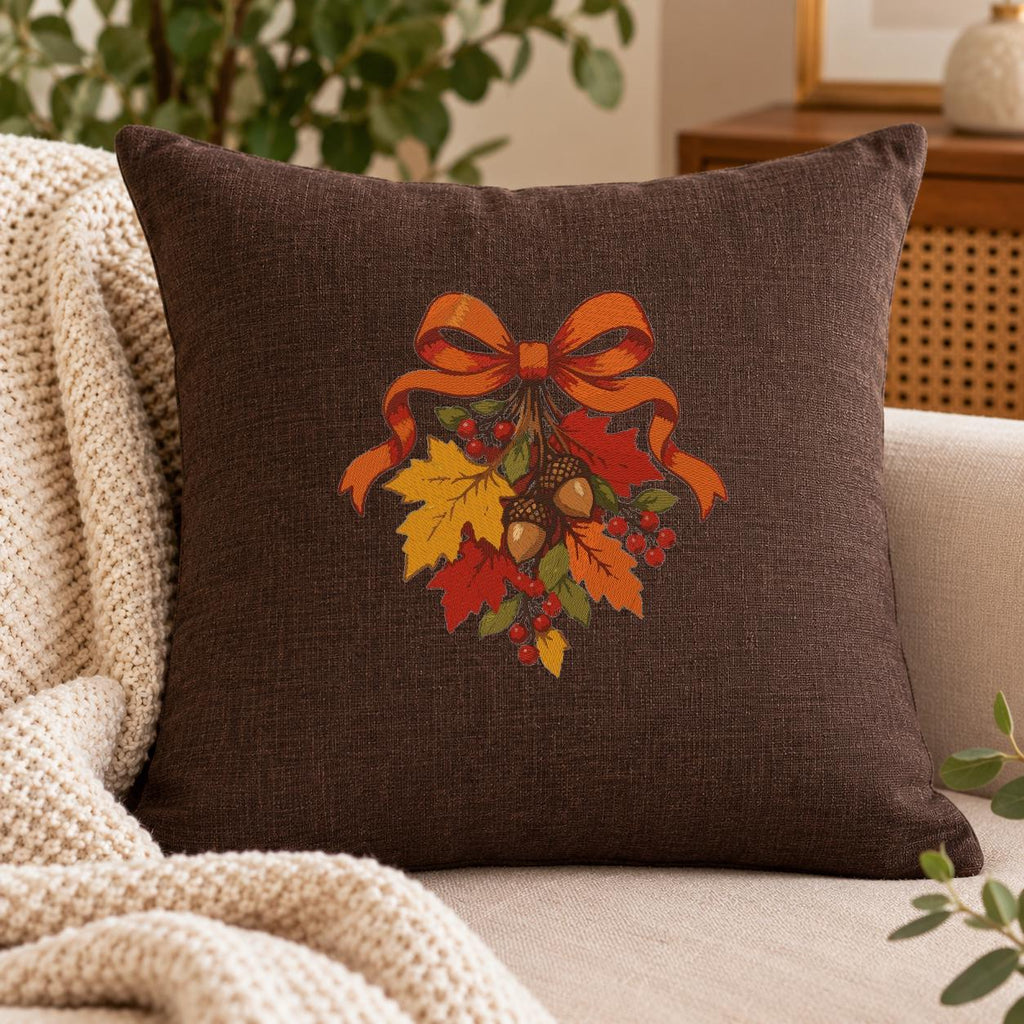 Autumn Leaves Bow Machine Embroidery Design, Fall Acorns Red Berries, Thanksgiving PES DST JEF Embroidery File, Instant Download - NuttyHappyHobby