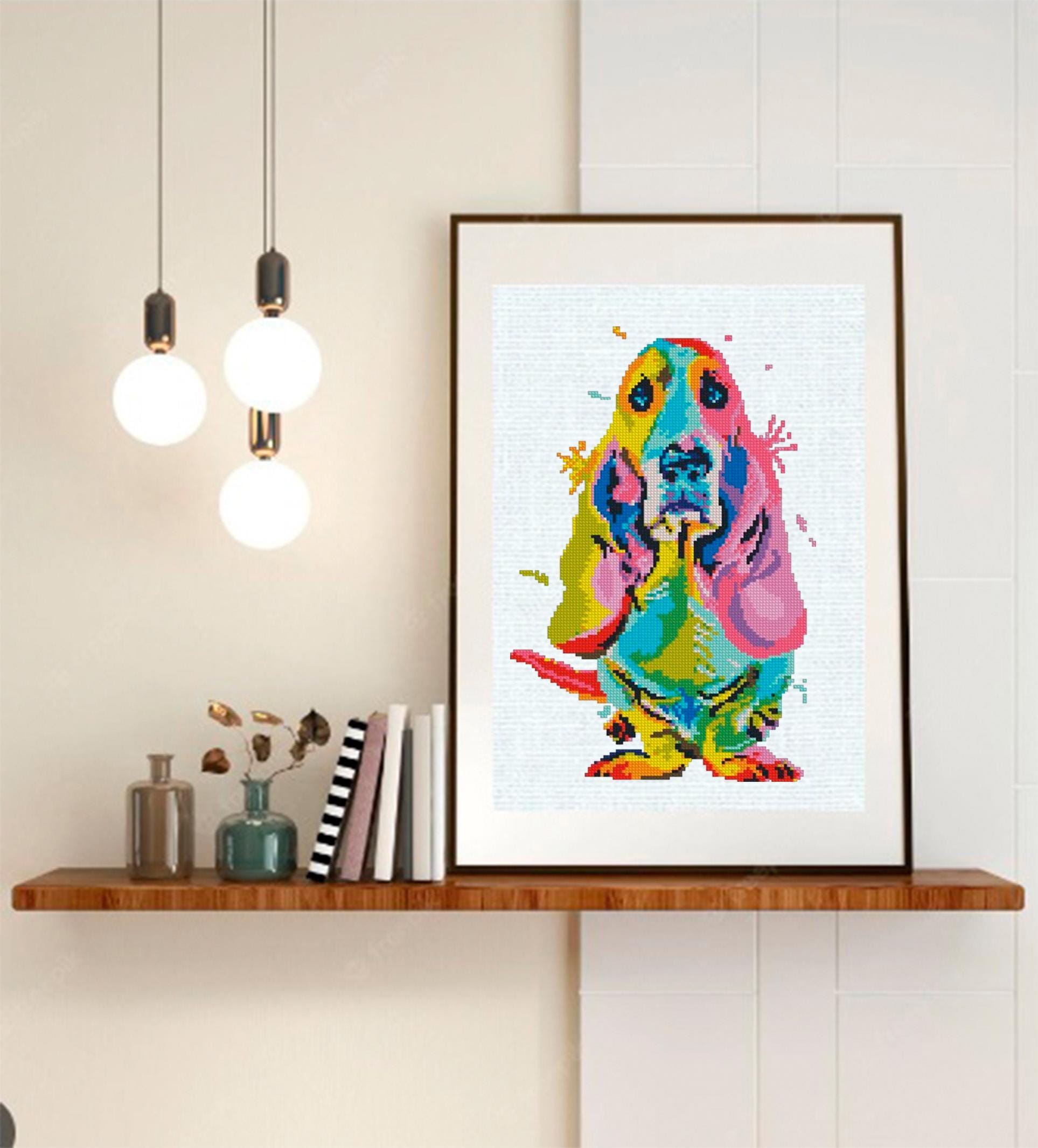 Basset Hound Cross Stitch Pattern PDF, Colorful Dog Portrait Embroidery Design, Modern Pop Art Dog Needlework Chart, Pet Lover Gift - NuttyHappyHobby