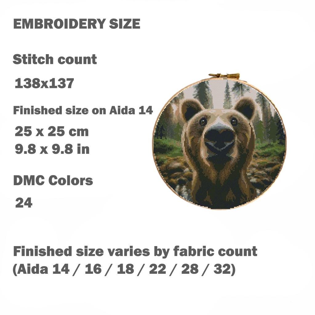 Bear Cross Stitch Pattern PDF, Forest Animal Embroidery Design, Realistic Brown Bear Portrait, Woodland Nature Cross Stitch, Modern Hoop Art - NuttyHappyHobby