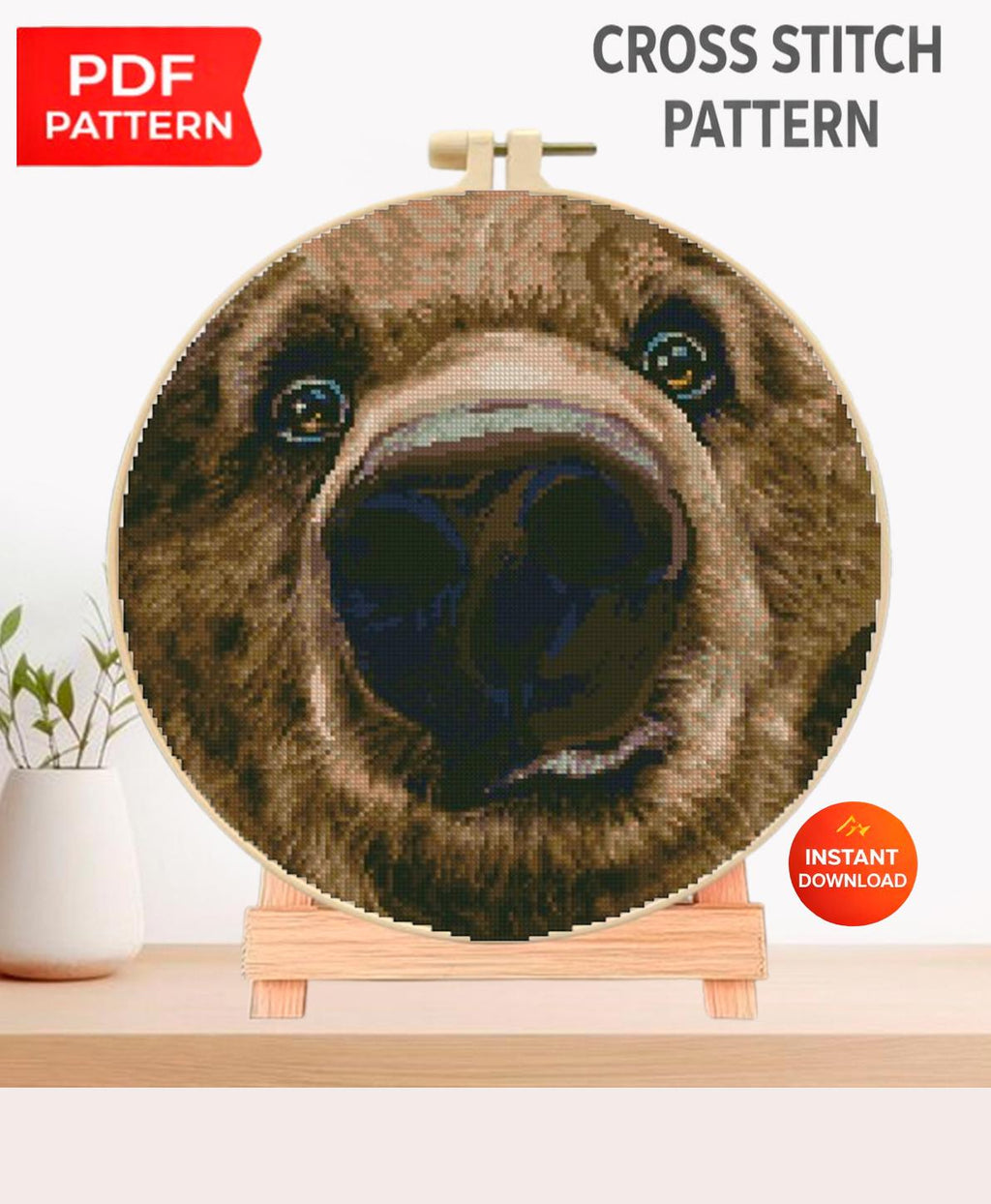 Bear Nose Cross Stitch Pattern PDF, Funny Bear Portrait Embroidery Design, Close Up Animal Face, Realistic Wildlife Cross Stitch, Hoop Art - NuttyHappyHobby