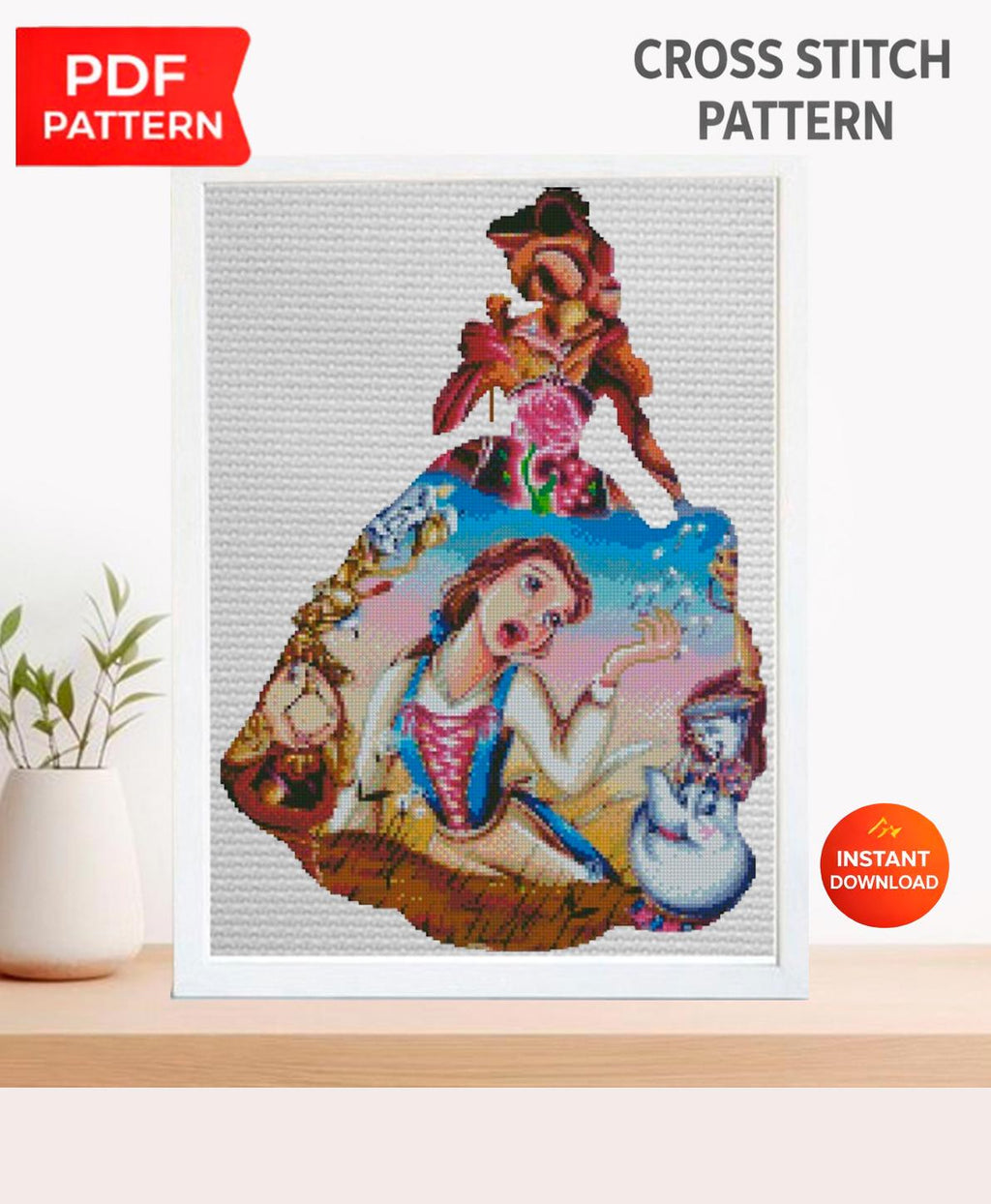 Beauty and the Beast Cross Stitch Pattern PDF, Belle Princess Embroidery Design, Fairy Tale Needlework Pattern, Fantasy Cross Stitch Decor - NuttyHappyHobby