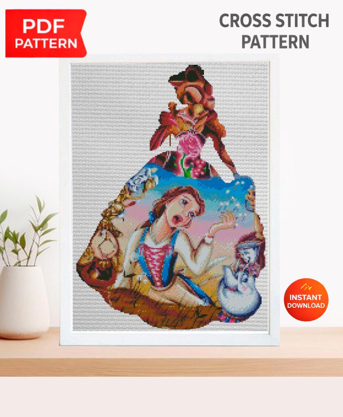 Beauty and the Beast Cross Stitch Pattern PDF, Belle Princess Embroidery Design, Fairy Tale Needlework Pattern, Fantasy Cross Stitch Decor - NuttyHappyHobby