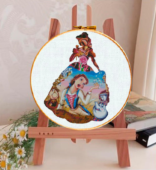 Beauty and the Beast Cross Stitch Pattern PDF, Belle Princess Embroidery Design, Fairy Tale Needlework Pattern, Fantasy Cross Stitch Decor - NuttyHappyHobby