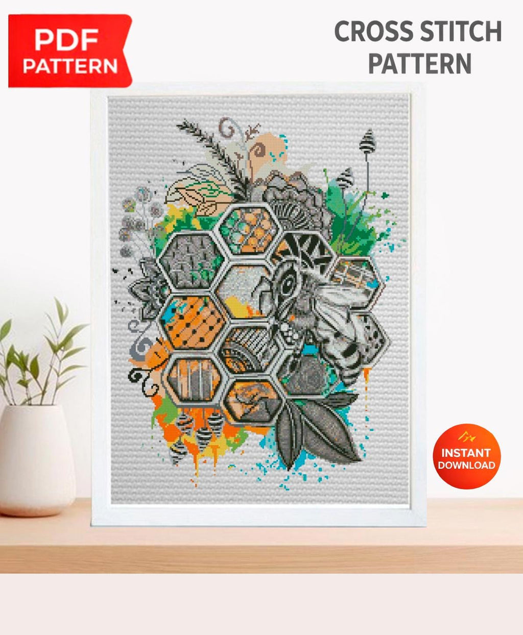 Bee Cross Stitch Pattern PDF, Honeycomb Bee Embroidery Design, Botanical Bee Cross Stitch Chart, Pollinator Nature Needlepoint, download - NuttyHappyHobby
