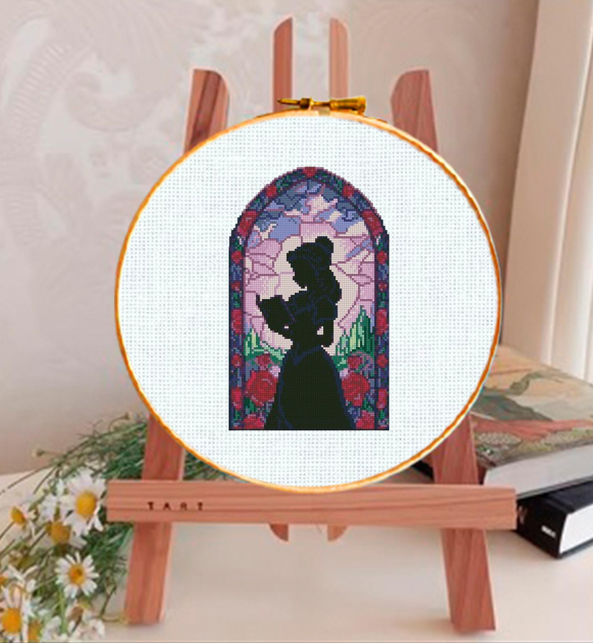 Belle Cross Stitch Pattern PDF, Princess Silhouette Embroidery Design, Beauty and the Beast Inspired Fairy Tale Window Pattern, 90s cartoons - NuttyHappyHobby