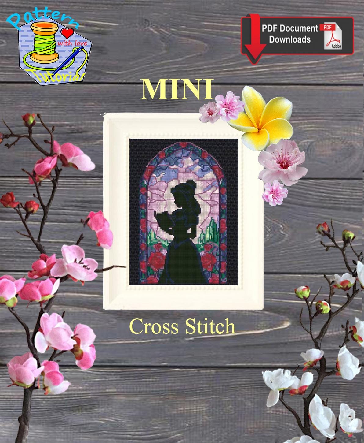 Belle Cross Stitch Pattern PDF, Princess Silhouette Embroidery Design, Beauty and the Beast Inspired Fairy Tale Window Pattern, 90s cartoons - NuttyHappyHobby