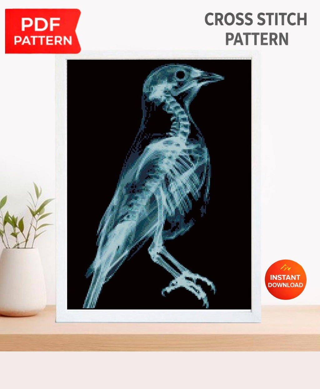 Bird Anatomy Cross Stitch Pattern PDF, Raven Skeleton Embroidery Chart, X - Ray Bird Art, Gothic Cross Stitch, Dark Academia Decor, Download - NuttyHappyHobby