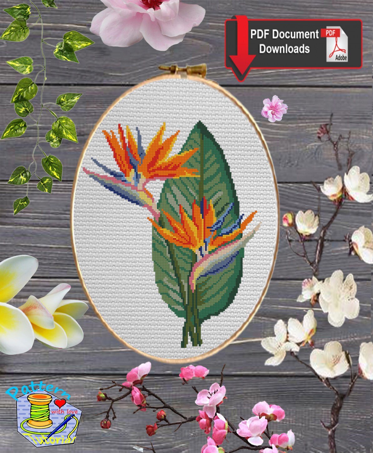Bird of Paradise Cross Stitch Pattern PDF, Tropical Flower Embroidery Chart, Strelitzia Design for Pillow, Modern Botanical Instant Download - NuttyHappyHobby