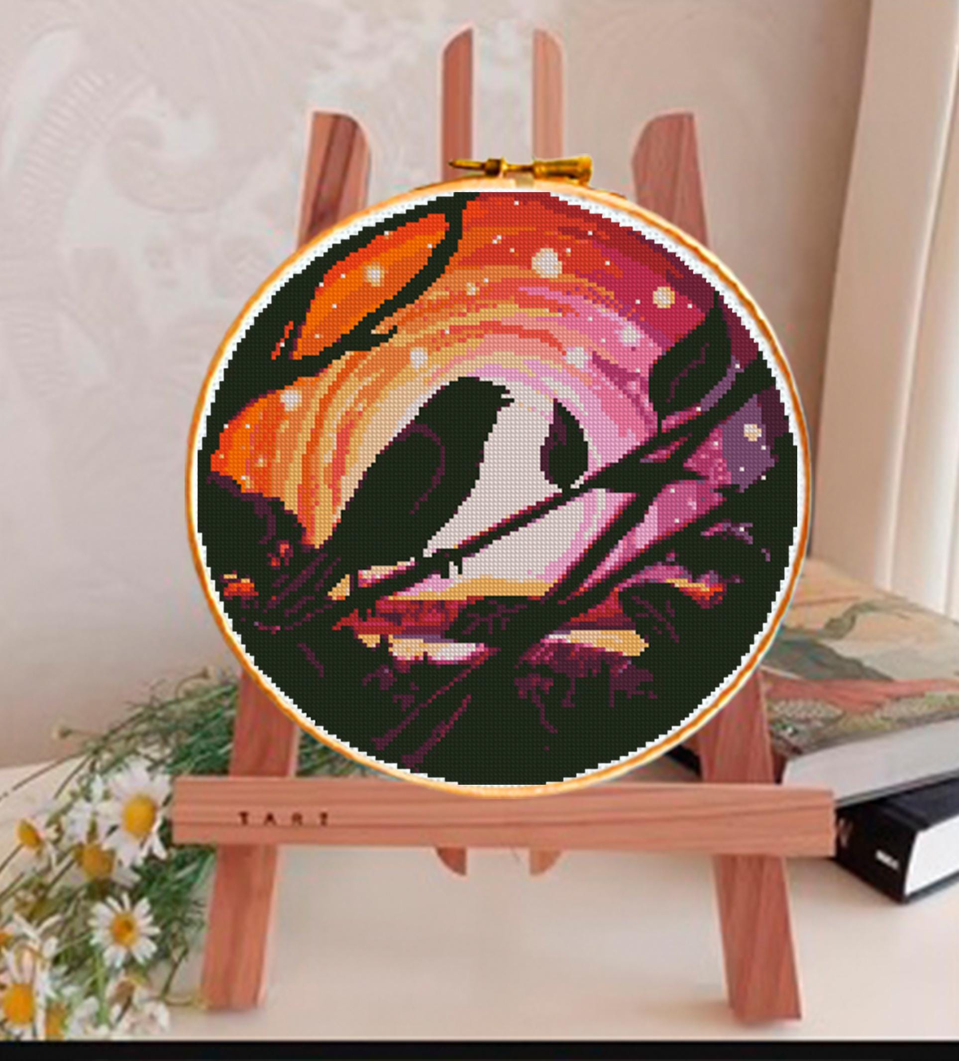 Bird Silhouette Cross Stitch Pattern PDF, Sunset Landscape Birds on Branch, Round Hoop Modern Embroidery Chart, Nature Wall Art, Download - NuttyHappyHobby