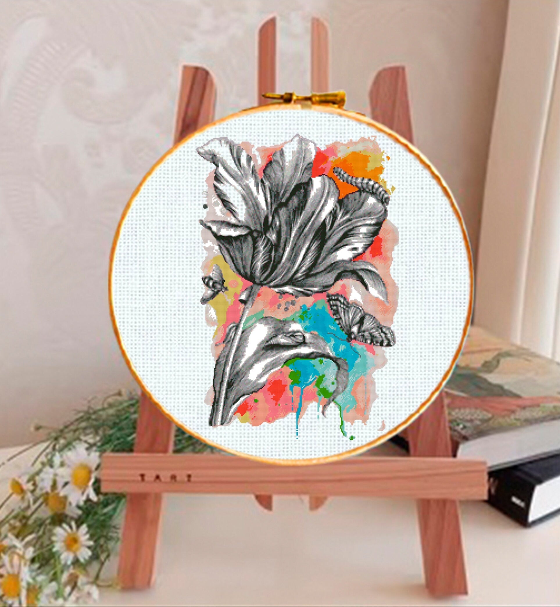 Black Flower Cross Stitch Pattern PDF, Modern Floral Embroidery Design, Butterfly Cross Stitch Chart, Artistic Needlework, Instant Download - NuttyHappyHobby