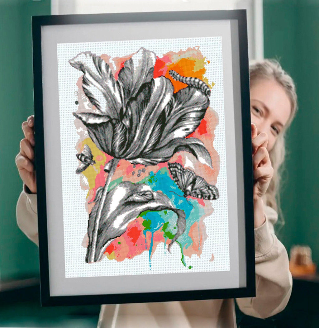 Black Flower Cross Stitch Pattern PDF, Modern Floral Embroidery Design, Butterfly Cross Stitch Chart, Artistic Needlework, Instant Download - NuttyHappyHobby