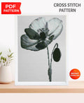 Black Poppy Cross Stitch Pattern PDF, Minimal Botanical Flower Embroidery Chart, Monochrome Floral Round Hoop Design, Instant Download pdf - NuttyHappyHobby