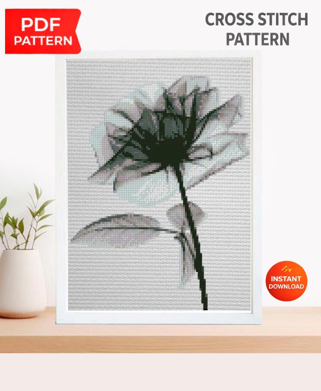Black Rose Cross Stitch Pattern PDF, Minimal Botanical Flower Embroidery Chart, Gothic Floral Round Hoop Design, Instant Download monochrome - NuttyHappyHobby
