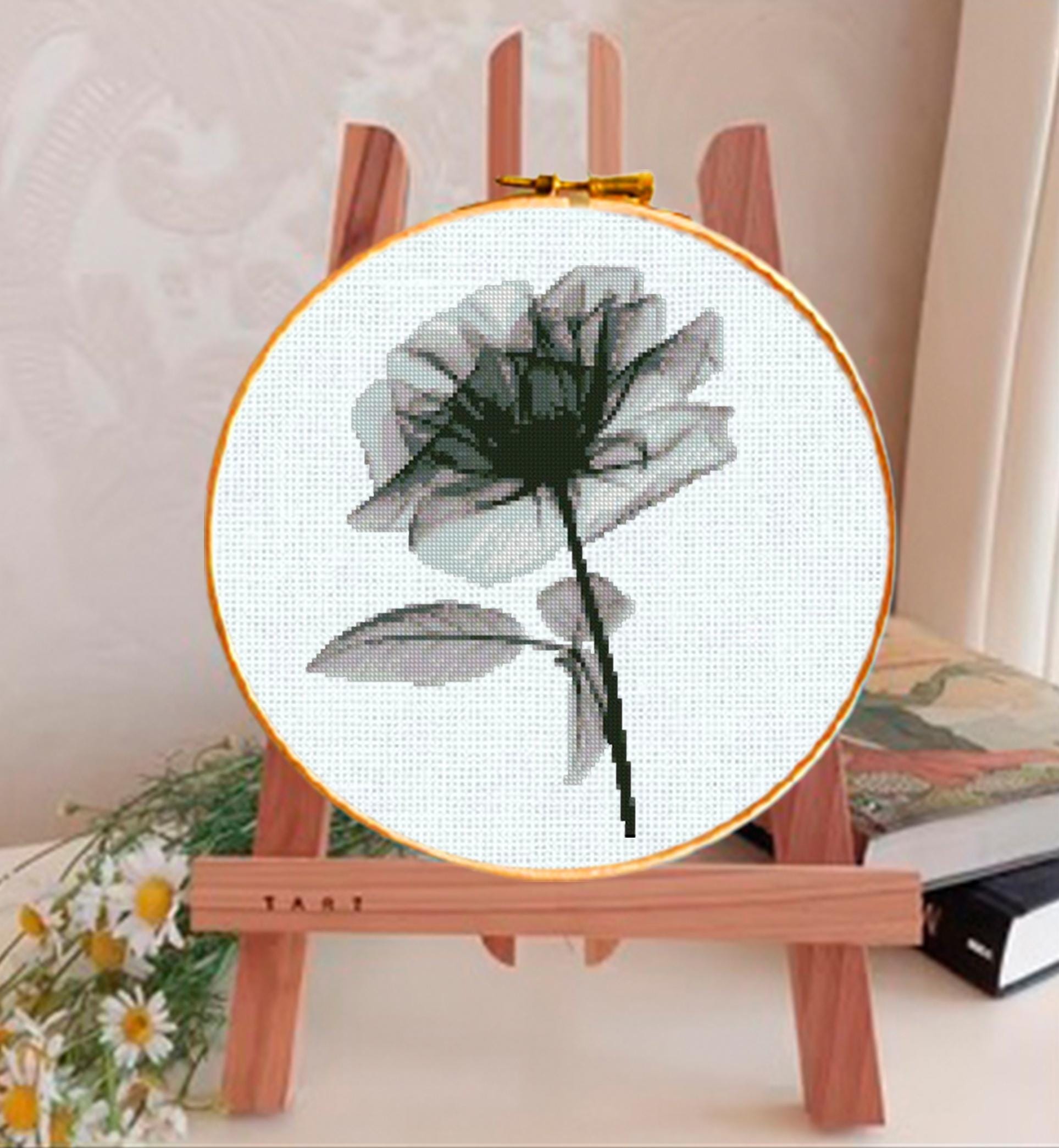 Black Rose Cross Stitch Pattern PDF, Minimal Botanical Flower Embroidery Chart, Gothic Floral Round Hoop Design, Instant Download monochrome - NuttyHappyHobby