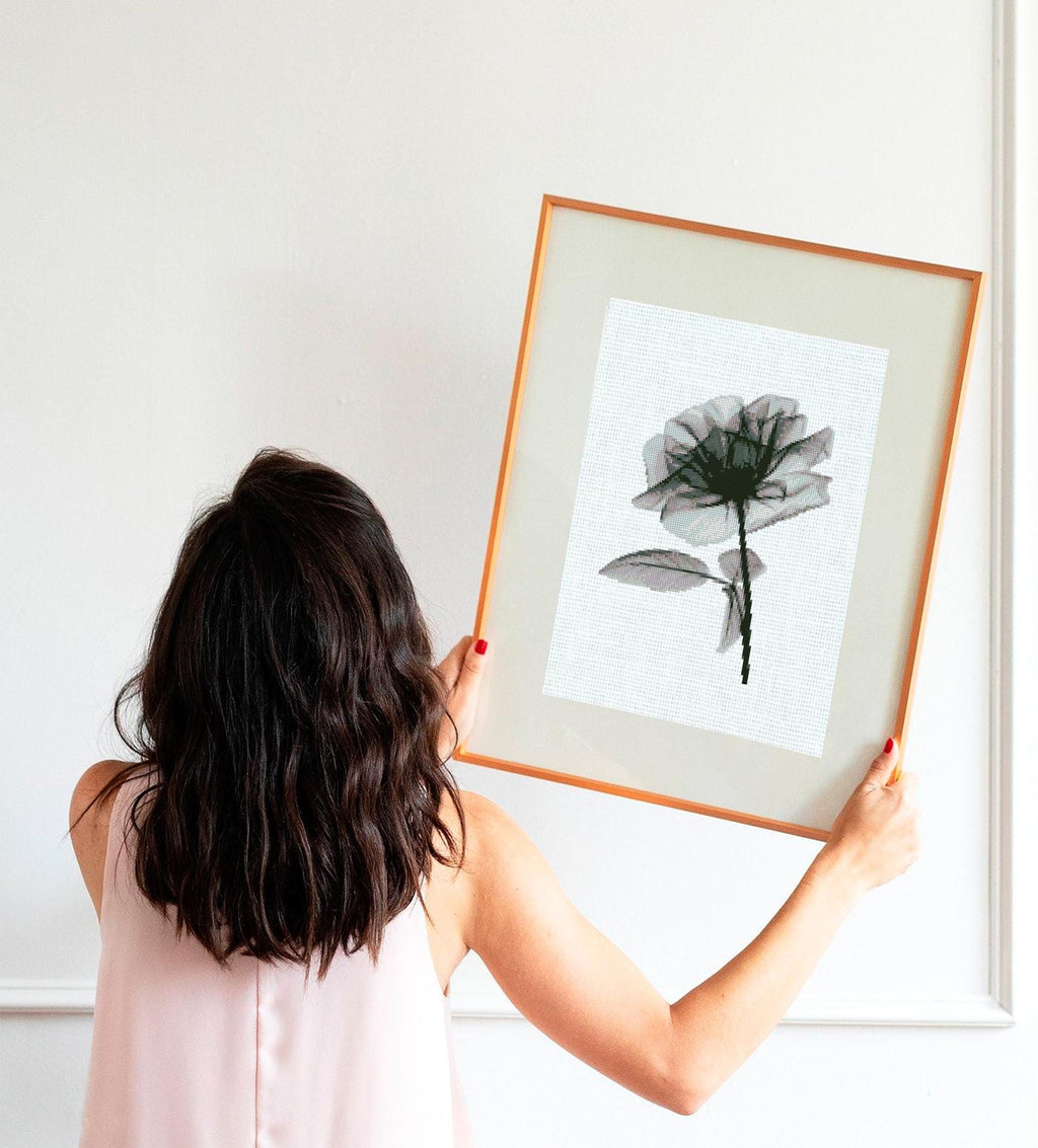 Black Rose Cross Stitch Pattern PDF, Monochrome Flower Embroidery Chart, Gothic Botanical Wall Art, Modern Minimalist, Instant Download pdf - NuttyHappyHobby
