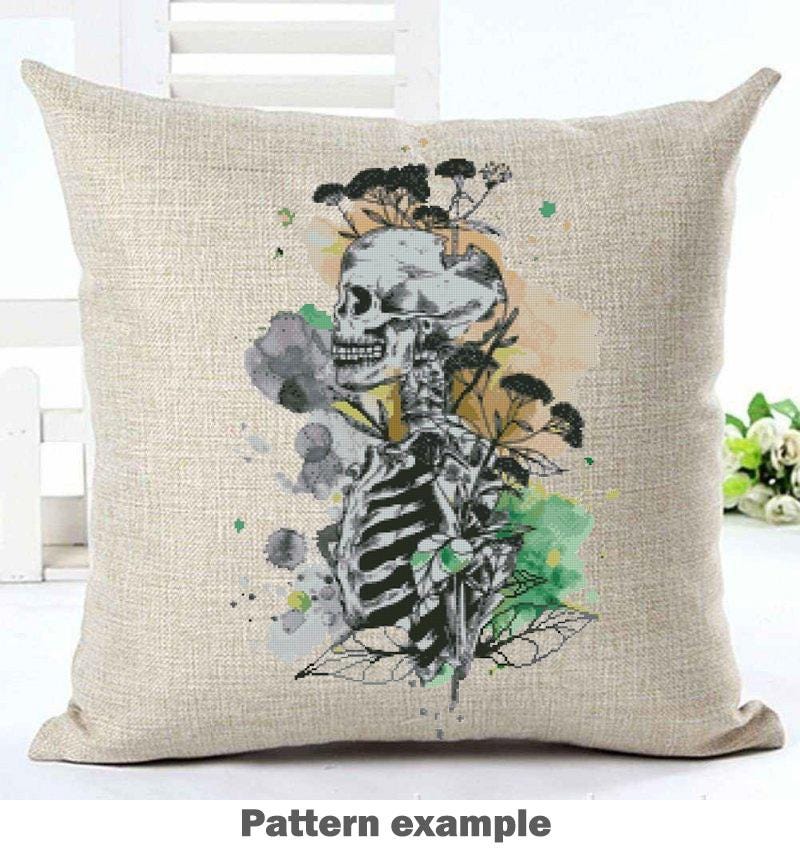 Black Skull Anatomy Cross Stitch Pattern PDF, Gothic Skeleton Embroidery Chart, Dark Academia Medical Art, Human Rib Cage Illustration - NuttyHappyHobby
