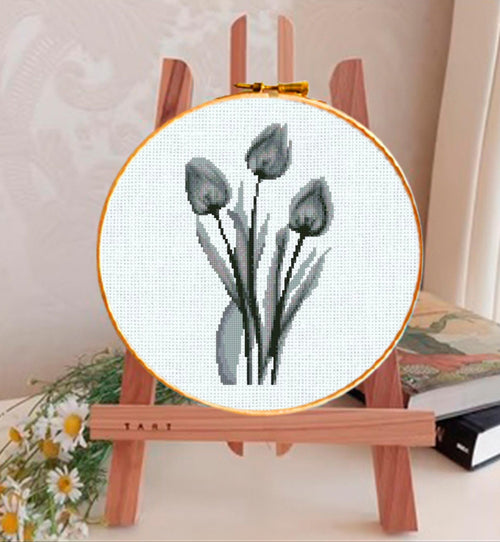 Black Tulip Cross Stitch Pattern PDF, Minimalist Botanical Flower Embroidery Chart, Monochrome Modern Floral Design, Round Hoop Wall Art - NuttyHappyHobby