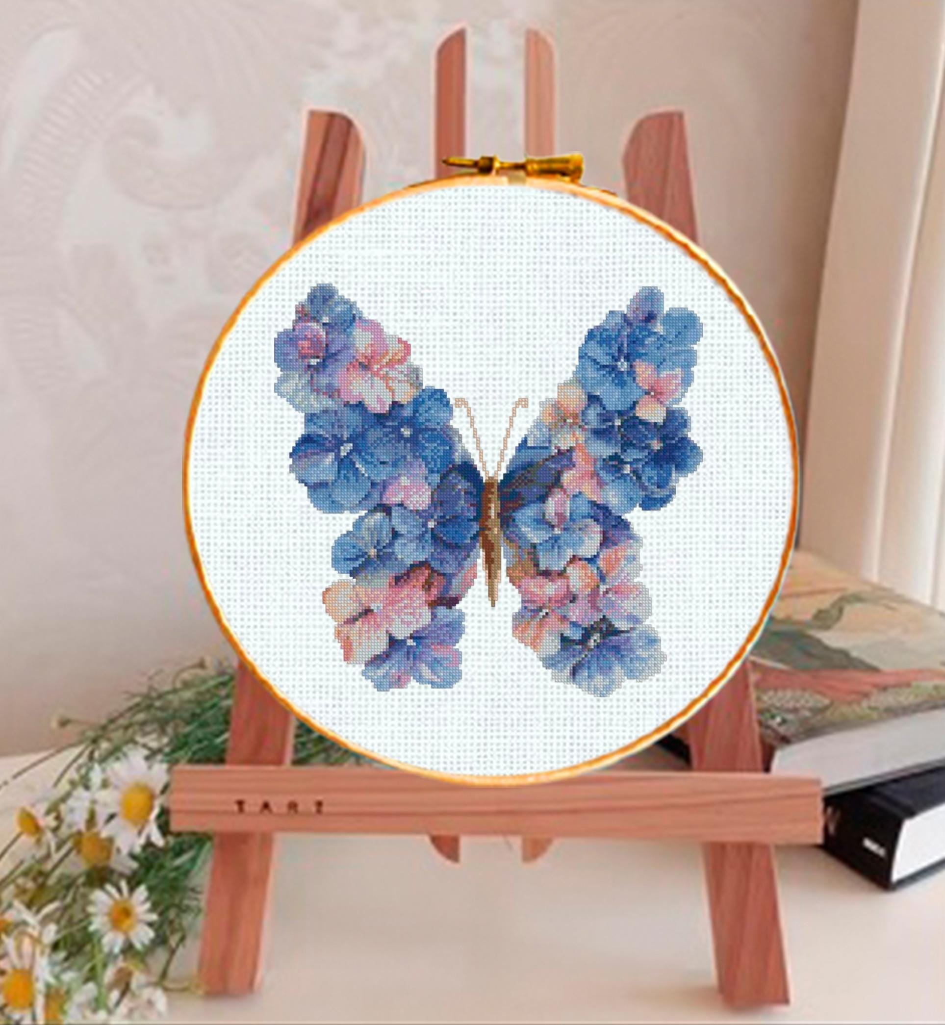 Blue Butterfly Cross Stitch Pattern PDF, Floral Butterfly Embroidery Design, Botanical Nature Cross Stitch Chart, Spring Needlepoint - NuttyHappyHobby