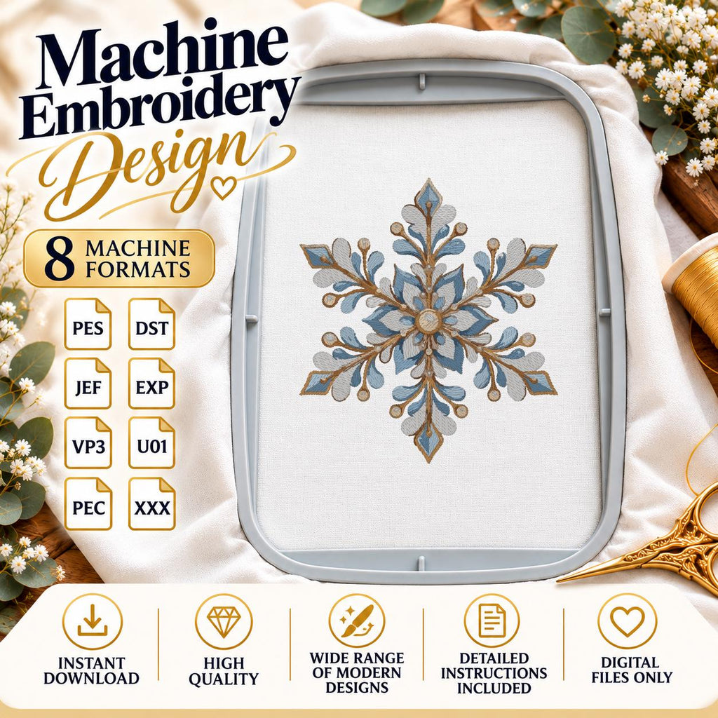 Blue Gold Snowflake Machine Embroidery Design, Floral Christmas Snowflake, Winter Holiday PES DST JEF Embroidery File, Instant Download - NuttyHappyHobby