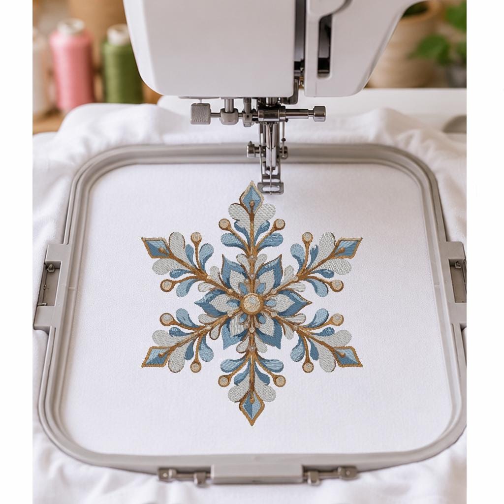 Blue Gold Snowflake Machine Embroidery Design, Floral Christmas Snowflake, Winter Holiday PES DST JEF Embroidery File, Instant Download - NuttyHappyHobby