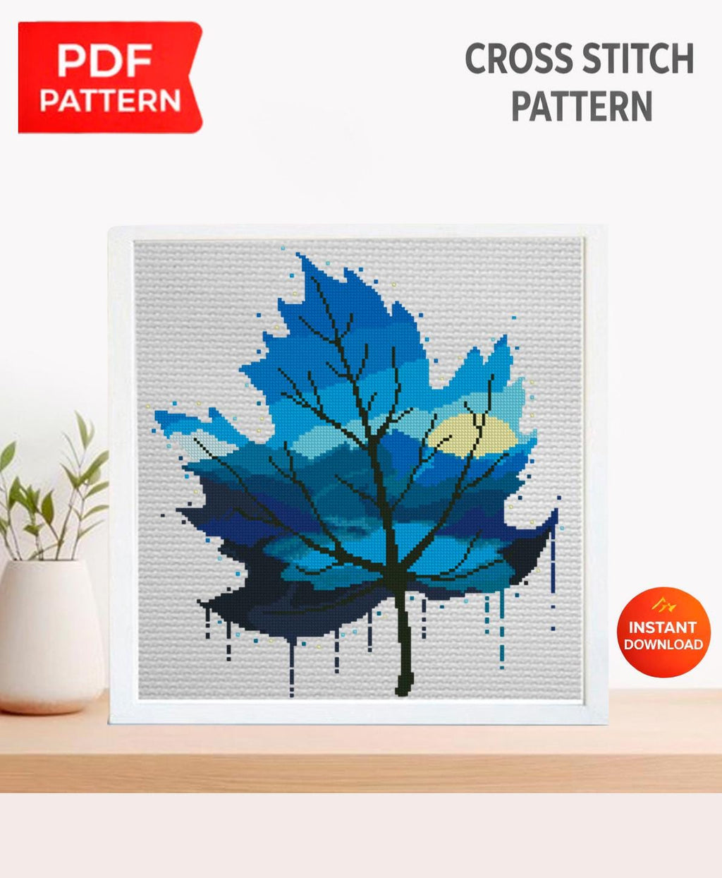 Blue Leaf Cross Stitch Pattern PDF, Modern Nature Leaf Embroidery Design, Botanical Cross Stitch Pattern, Instant Digital Download pdf - NuttyHappyHobby