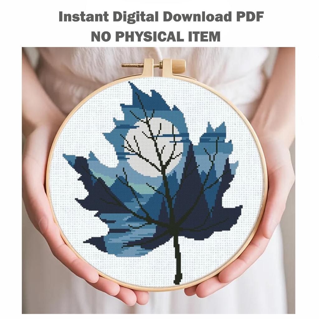 Blue Leaf Cross Stitch Pattern PDF, Moon Night Landscape Embroidery Design, Tree Silhouette Nature Cross Stitch, Modern Forest Art, Download - NuttyHappyHobby
