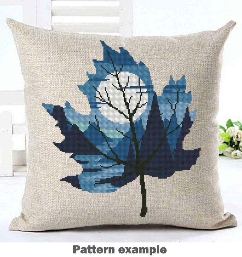 Blue Leaf Cross Stitch Pattern PDF, Moon Night Landscape Embroidery Design, Tree Silhouette Nature Cross Stitch, Modern Forest Art, Download - NuttyHappyHobby