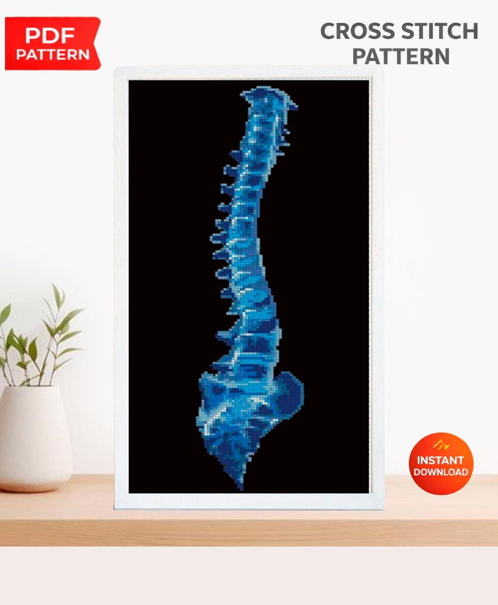 Blue Spine Cross Stitch Pattern PDF, Human Spine Anatomy Embroidery, Medical Cross Stitch, Gothic Anatomy Art, Xray Skeleton Stitch Download - NuttyHappyHobby