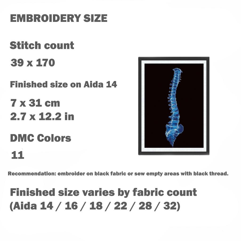 Blue Spine Cross Stitch Pattern PDF, Human Spine Anatomy Embroidery, Medical Cross Stitch, Gothic Anatomy Art, Xray Skeleton Stitch Download - NuttyHappyHobby