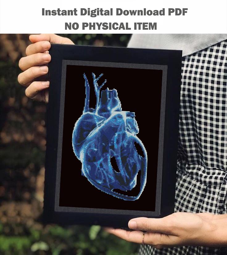 Blue X - Ray Heart Cross Stitch Pattern PDF, Anatomical Heart Embroidery Chart, Radiology Style Medical Art, Gothic Decor, Instant Download - NuttyHappyHobby