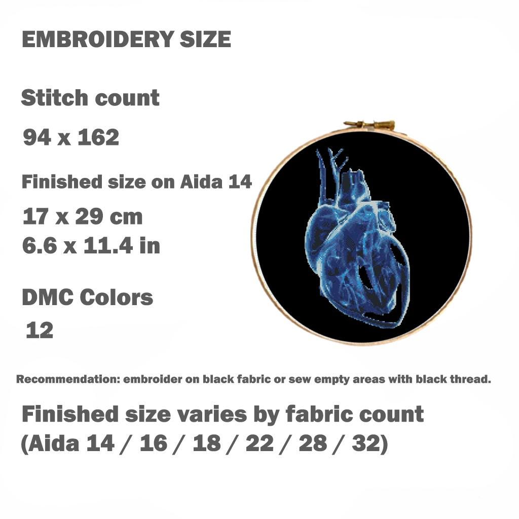 Blue X - Ray Heart Cross Stitch Pattern PDF, Anatomical Heart Embroidery Chart, Radiology Style Medical Art, Gothic Decor, Instant Download - NuttyHappyHobby