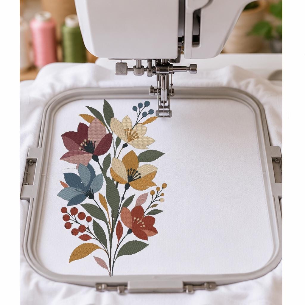 Boho Wildflower Bouquet Machine Embroidery Design, Rustic Floral Botanical Flowers, PES DST JEF, Instant Digital Download - NuttyHappyHobby