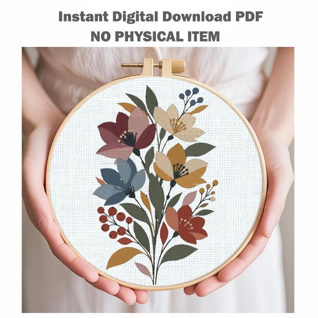 Boho Wildflower Bouquet Machine Embroidery Design, Rustic Floral Botanical Flowers, PES DST JEF, Instant Digital Download - NuttyHappyHobby