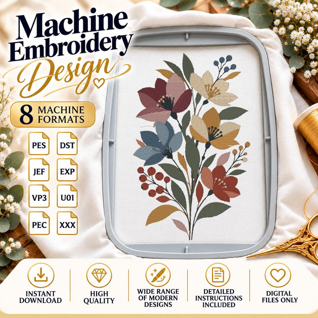 Boho Wildflower Bouquet Machine Embroidery Design, Rustic Floral Botanical Flowers, PES DST JEF, Instant Digital Download - NuttyHappyHobby