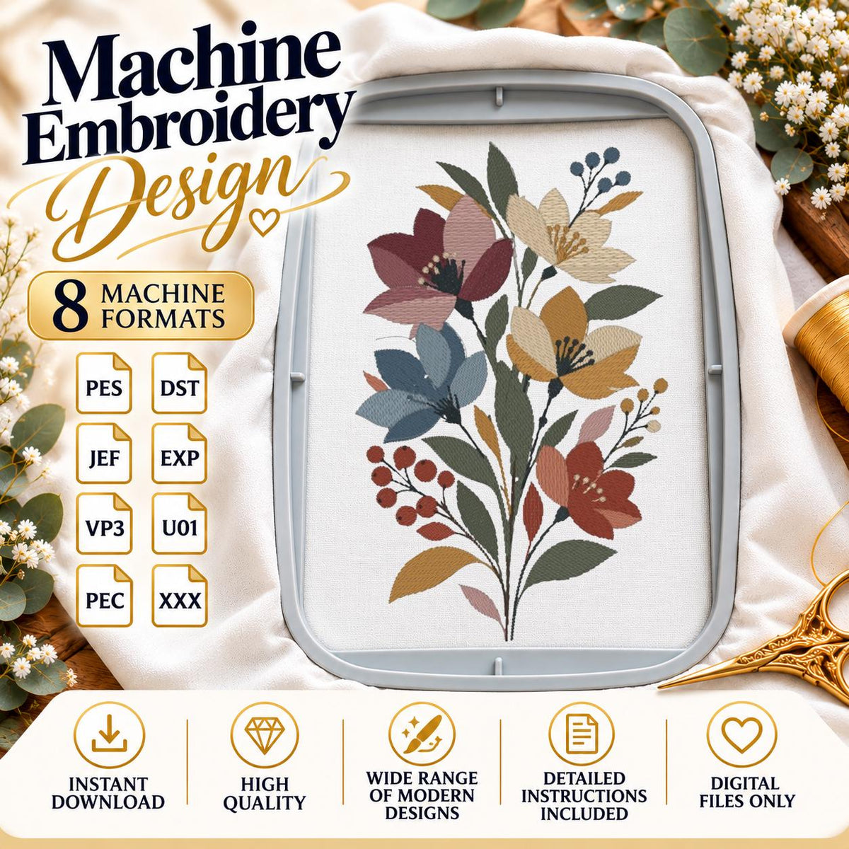 Boho Wildflower Bouquet Machine Embroidery Design, Rustic Floral Botanical Flowers, PES DST JEF, Instant Digital Download - NuttyHappyHobby