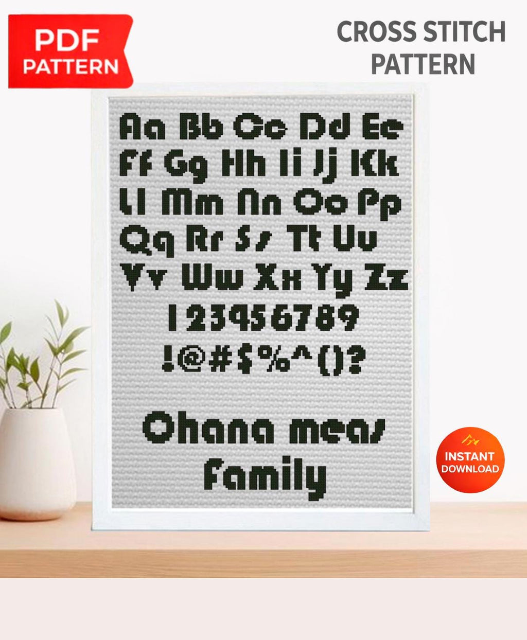 Bold ABC Alphabet Cross Stitch Pattern PDF, Rounded Uppercase and Lowercase Font with Numbers and Symbols, Modern Custom Name Char, download - NuttyHappyHobby