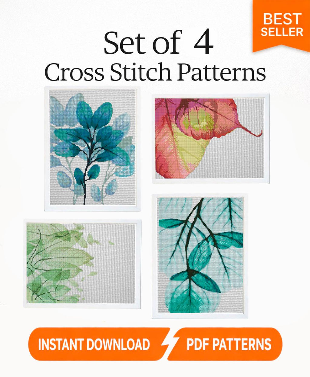 Botanical Cross Stitch Pattern Set PDF, 4 Modern Leaf Designs, Minimalist Floral Embroidery Charts, Instant Download, Hoop Wall Art - NuttyHappyHobby